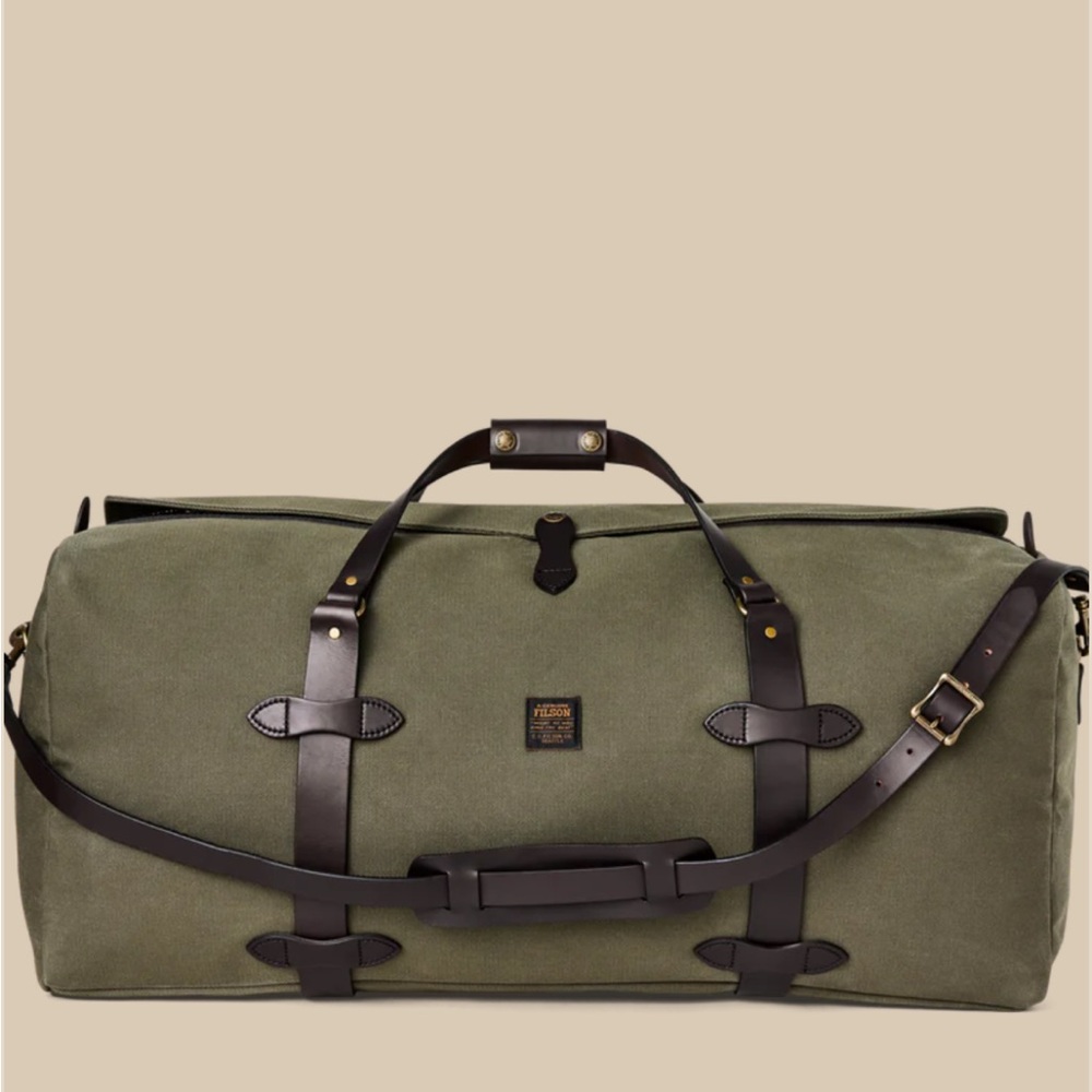 Filson Green and Brown Duffel Bag with Leather Accents